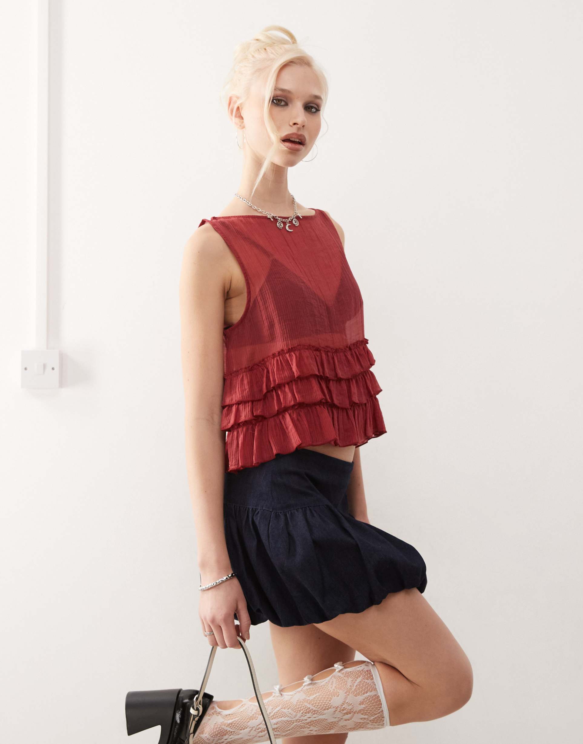 motel lamina unlined ruffle blouse in maroon