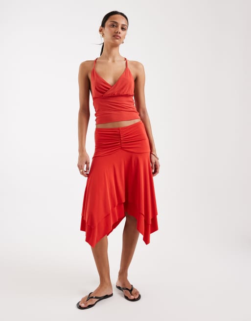 Motel Lanthe co-ord deep plunge top in red, 2 of 4