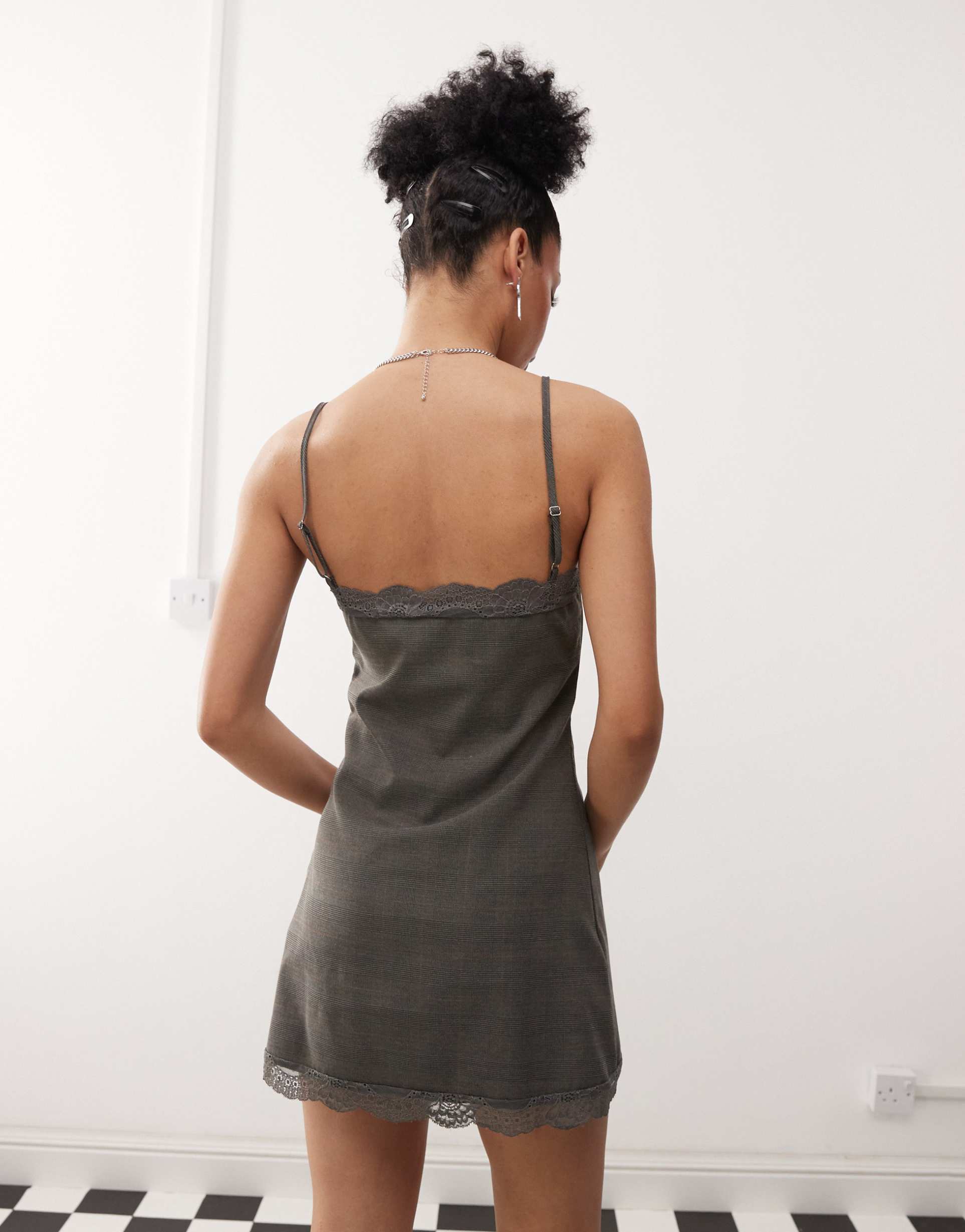 motel larna check lace edge check mini dress in gray