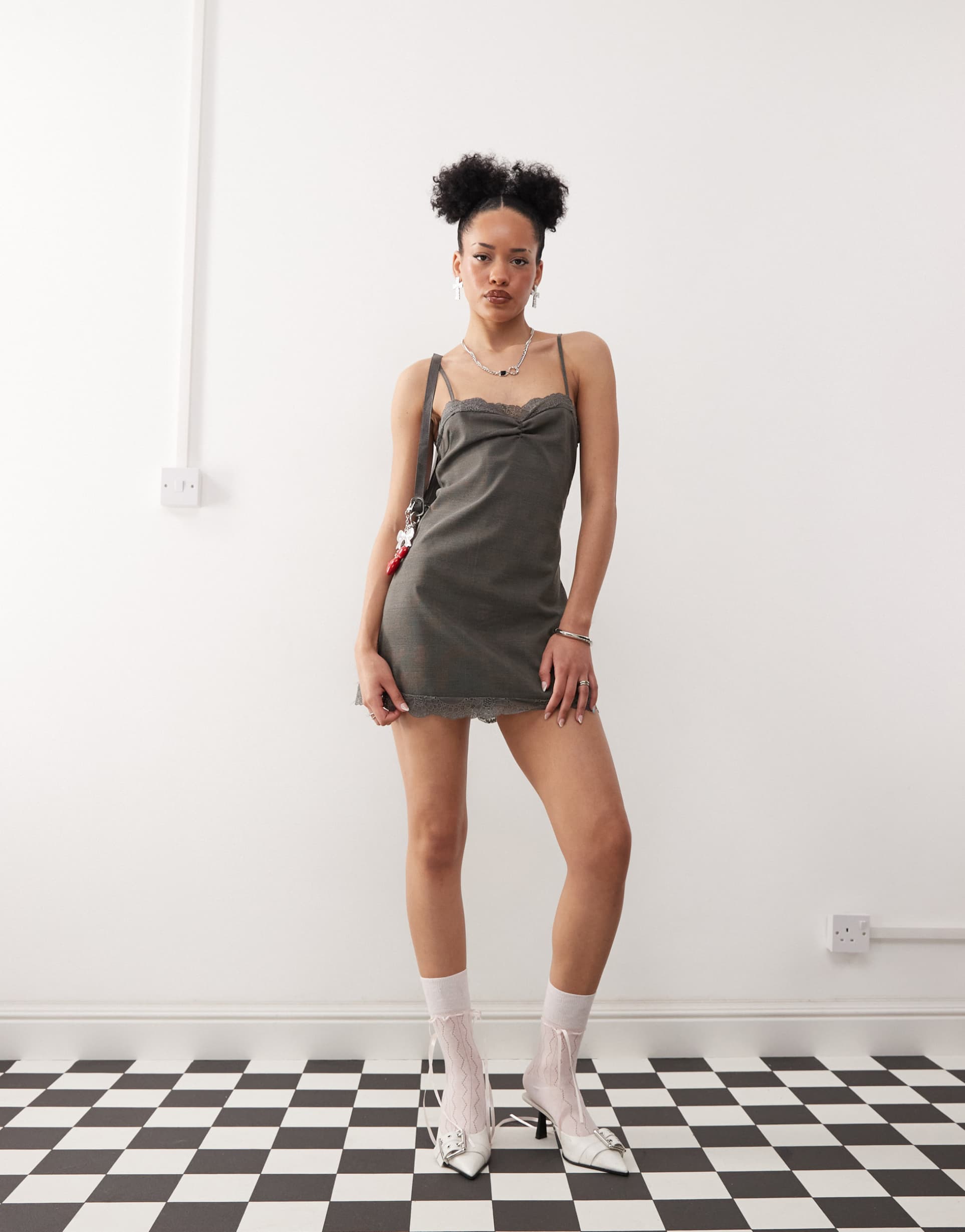 motel larna check lace edge check mini dress in gray