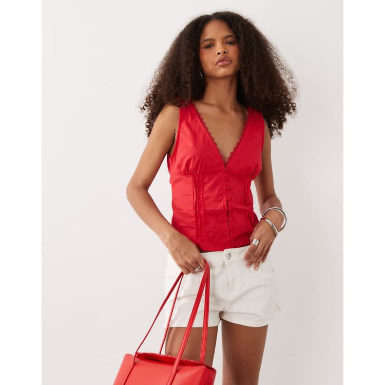 Motel Lasily sleeveless corset poplin top in scarlet | ASOS