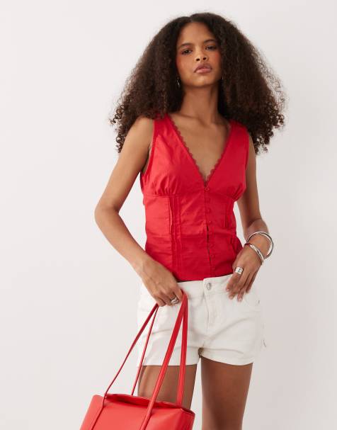 Motel - Lasily - Top corset sans manches en popeline - Rouge écarlate - view 1