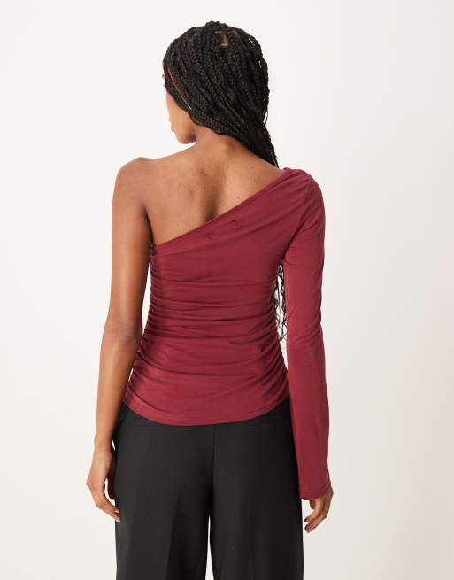 Motel Lasya off the shoulder long sleeve top in burgundy, 4 of 4