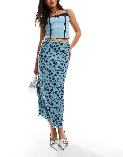 Motel Latika low rise flocked midaxi skirt in blue and navy