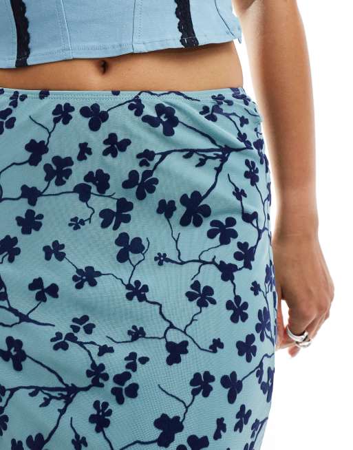Motel latika low rise flocked midaxi skirt in blue and navy | ASOS
