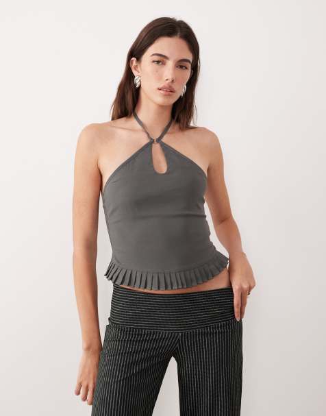 Motel Lavena ruffle edged halter top in slate grey - view 1