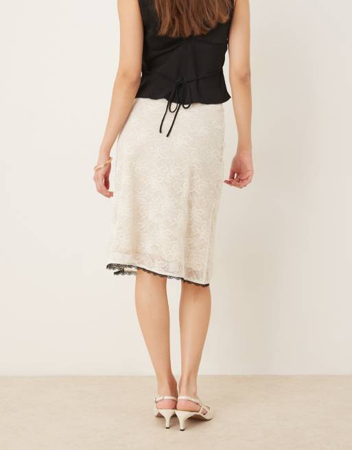 Motel Laykha lace flower print midi skirt in ivory | ASOS