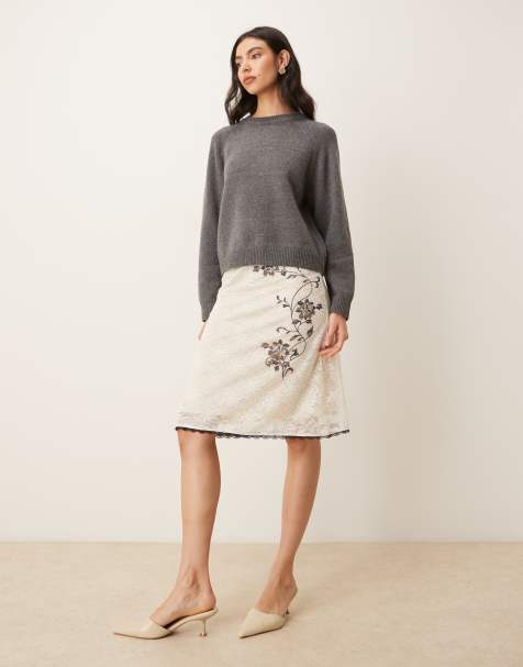 Motel Laykha midi lace flower print skirt in ivory - view 1