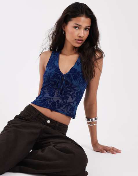 Motel Lbura Midnight leaf Lock plunge top in cobalt blue - view 1