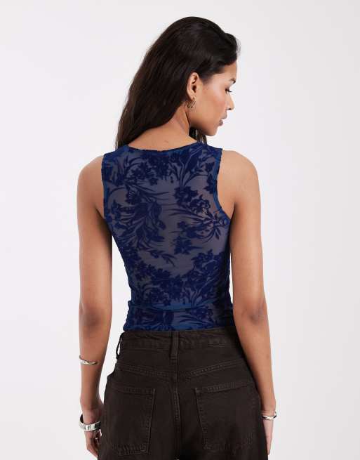 Motel Lbura midnight leaf lock plunge top in cobalt blue, 4 of 4