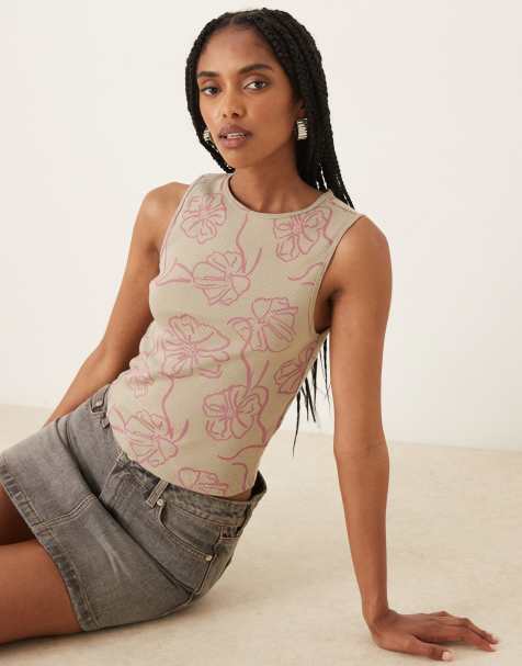 Motel leen hibiscus doodle print tank top in light khaki green - view 1