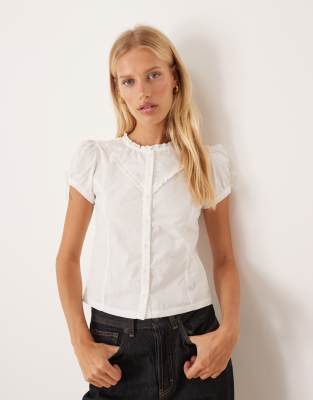 Motel Legra Ruffle Short Sleeve Blouse In White