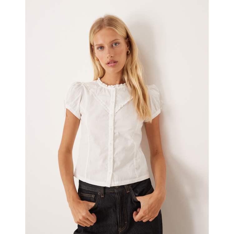 Motel Legra ruffle short sleeve blouse in white | ASOS
