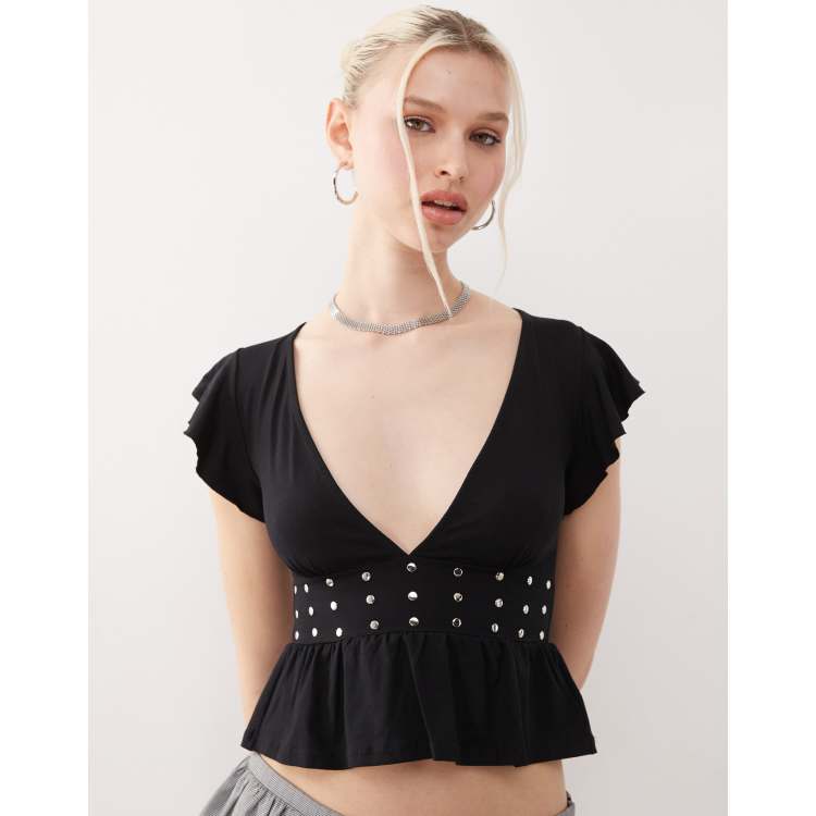 Motel leisma frill sleeve studded plunge top in black | ASOS