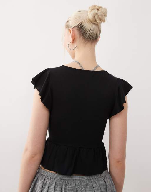Motel leisma frill sleeve studded plunge top in black | ASOS