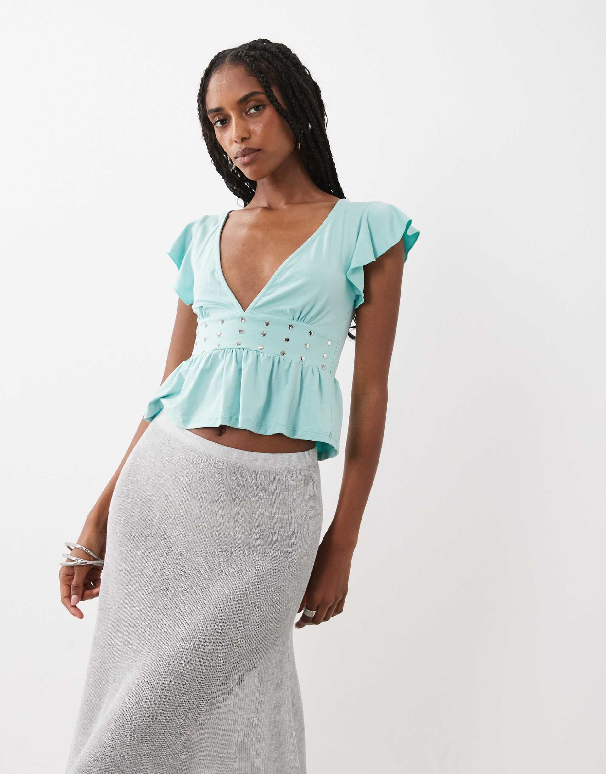 motel leisma studded frill plunge top in aqua