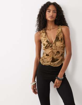 Motel Lenetera V Neck Floral Ruched Top In Brown
