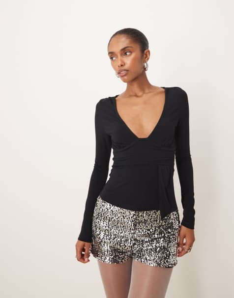 Motel Levard long sleeve V-neck drape jersey top in black - view 1