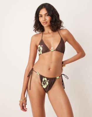 Motel Leyna Hibiscus Print Tie-side Bikini Briefs In Brown