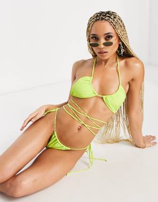 Motel Leyna high leg string bikini bottom in jackfruit green