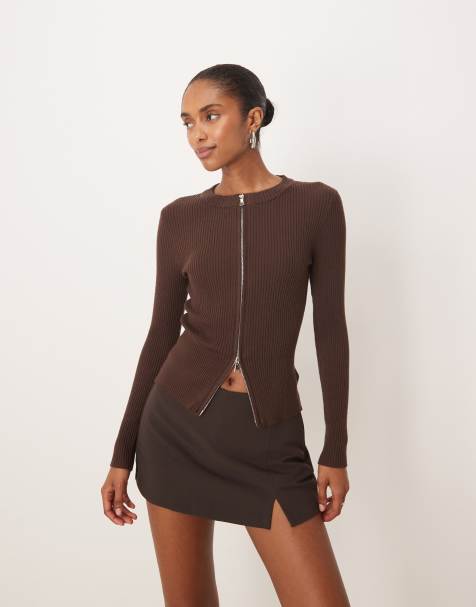 Motel Liano ribbed long sleeve zip up cardigan in brown