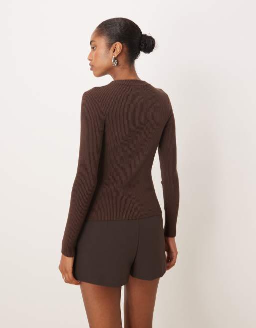 Motel Liano ribbed long sleeve zip up cardigan in brown, 3 of 4