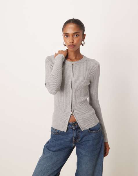 Motel Liano ribbed long sleeve zip up cardigan in gray - view 1