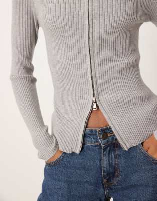 Motel Liano Ribbed Long Sleeve Zip Up Cardigan In Gray