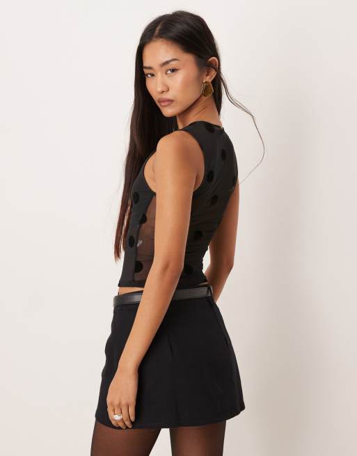 Motel Lihat big polka dots mesh v-neck top in black, 4 of 4
