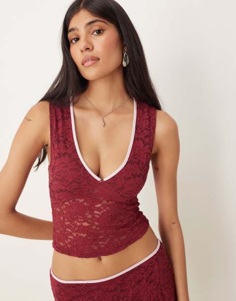 Motel Lihat co-ord lace top in burgundy - view 1