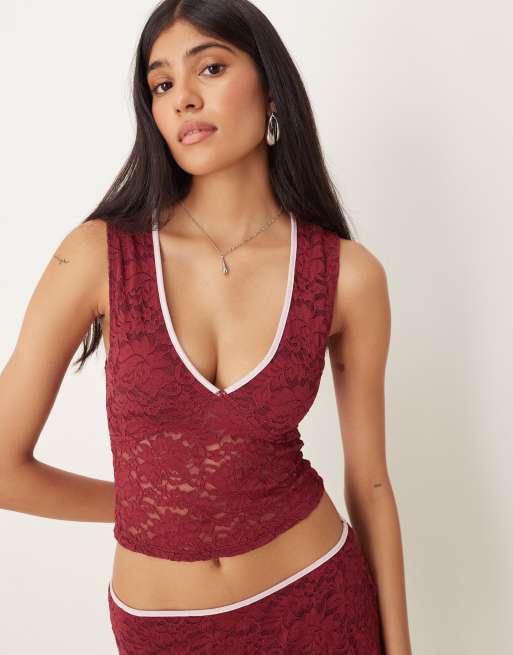 Motel Lihat co-ord lace top in burgundy