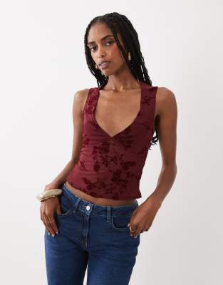 Motel Lihat Flock Mesh Top In Red