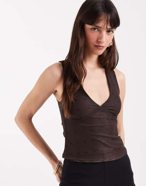 Motel Lihat mesh polka dot halter top in brown - view 1