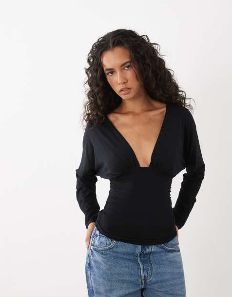 Motel lilro plunge long sleeve top black - view 1