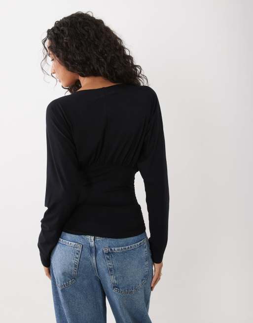 Motel lilro plunge long sleeve top black, 4 of 4