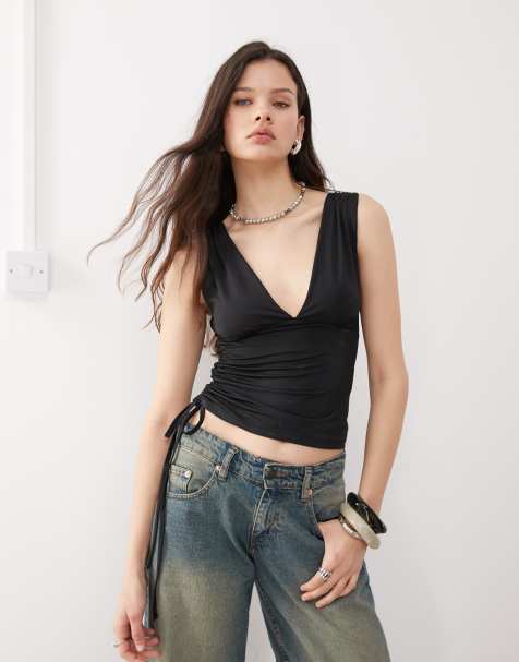 Motel lindka plunge asymmetric slinky top in black - view 1