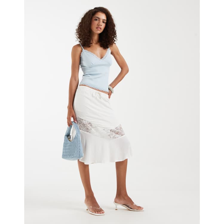 Motel Linus lace panel midi skirt in white | ASOS