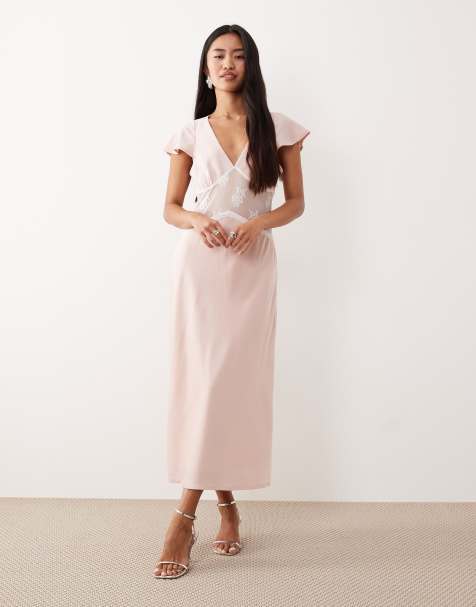 Motel lirenda midi satin dress with lace insert in baby pink