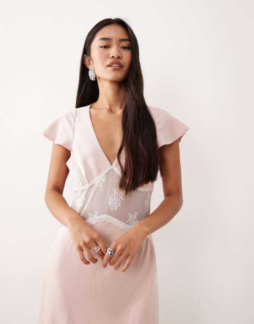 Motel lirenda midi satin dress with lace insert in baby pink, 3 of 4