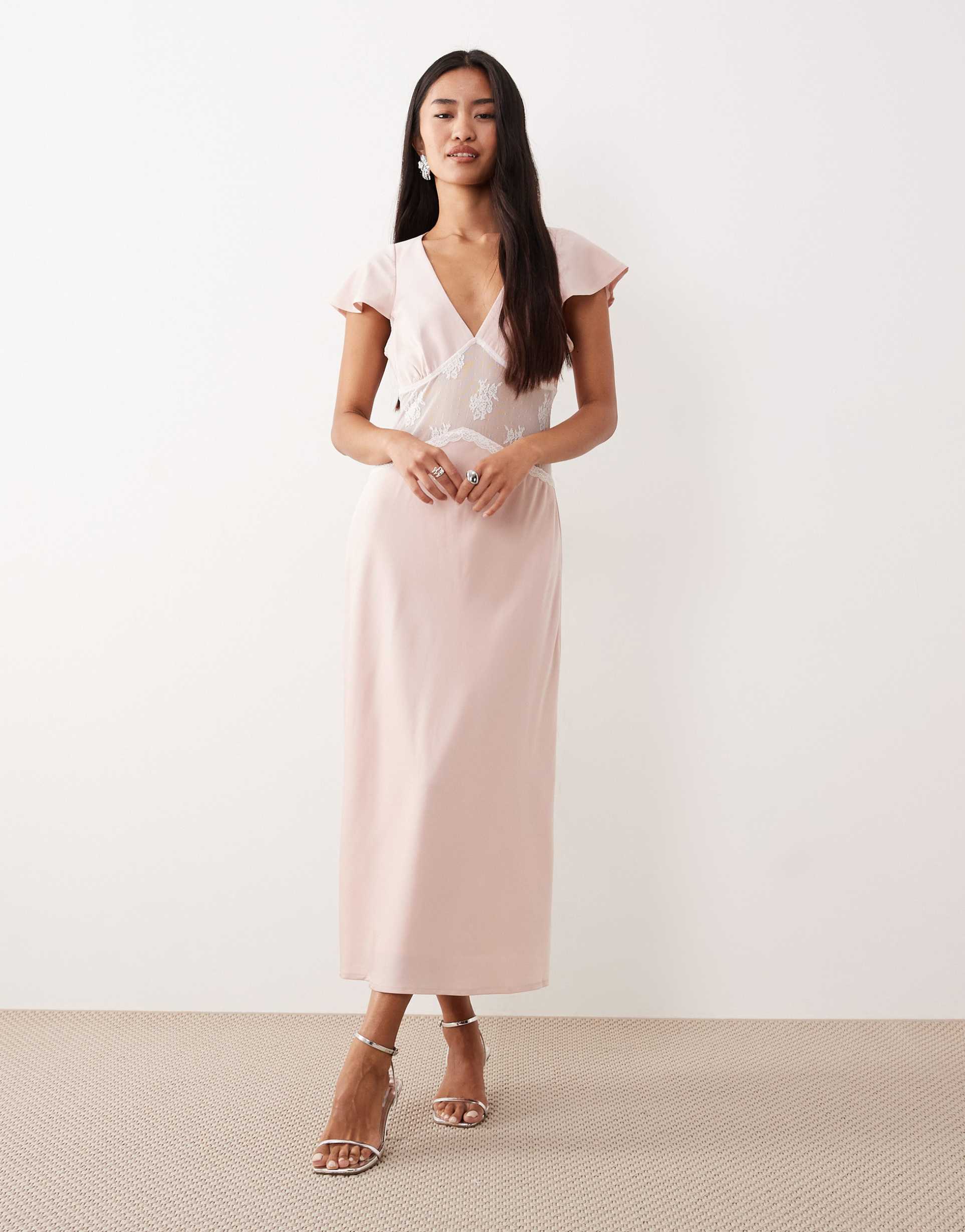 motel lirenda satin midi dress with lace insert in baby pink