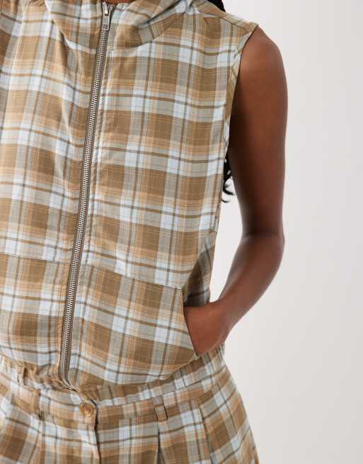 Motel Lirren zip through top in brown check, 3 of 4
