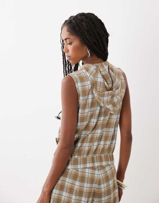 Motel Lirren zip through top in brown check, 4 of 4