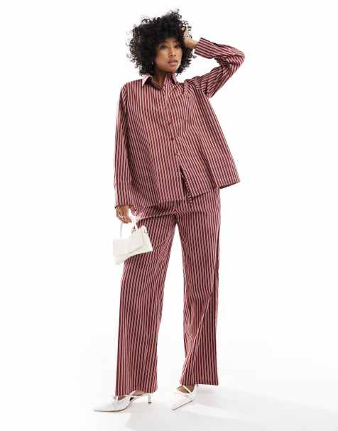 Motel lirura striped low rise trouser in burgundy - view 1