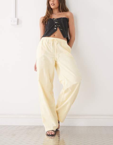Motel wasic wide leg relaxed linen trouser in lemon yellow