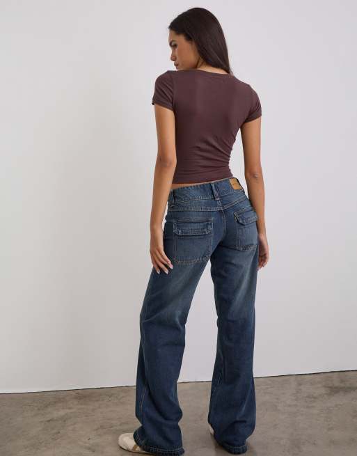 Motel – Locker geschnittene Cargo-Jeans in mittelblauer Tönung mit niedrigem Bund , 2 von 4