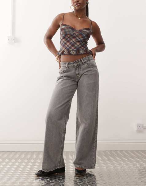 Motel – Locker sitzende Jeans in grauer Waschung mit weitem Bein und niedrigem Bund - view 1