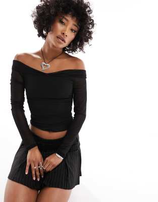 Motel Long Sleeve Off Shoulder Mesh Crop Top In Black