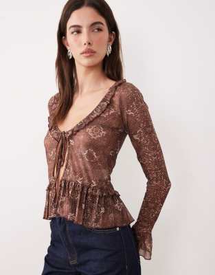 Motel Long Sleeve Snake Skin Ruffle Edged Top In Brown