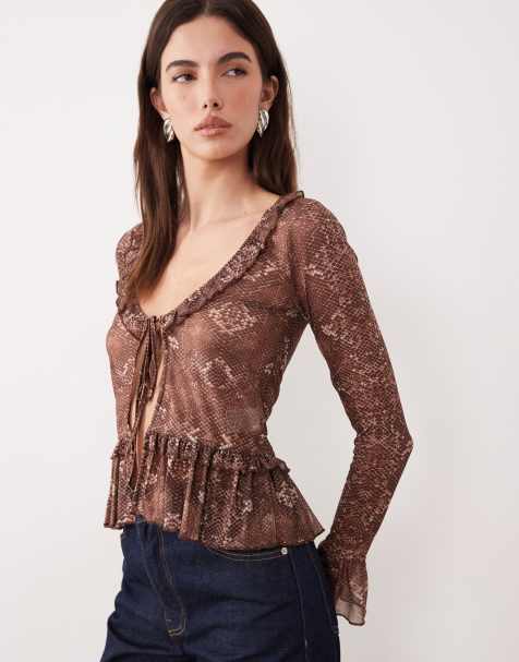 Motel long sleeve snake skin ruffle edged top in brown - view 1