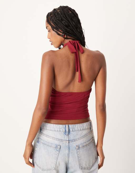 Motel Lorie halter neck top in dark red, 4 of 4